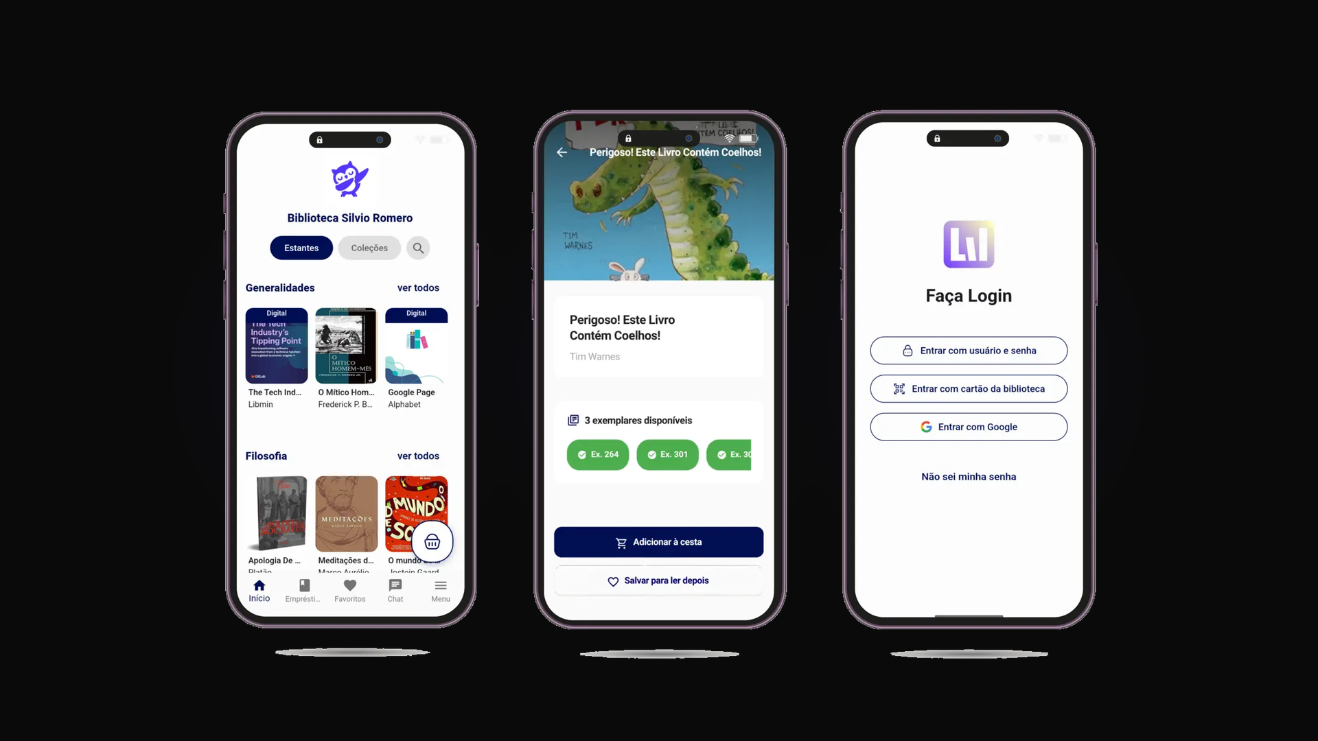 Três telas do aplicativo Libmin no iPhone mostrando acervo, detalhe de livro e tela de login